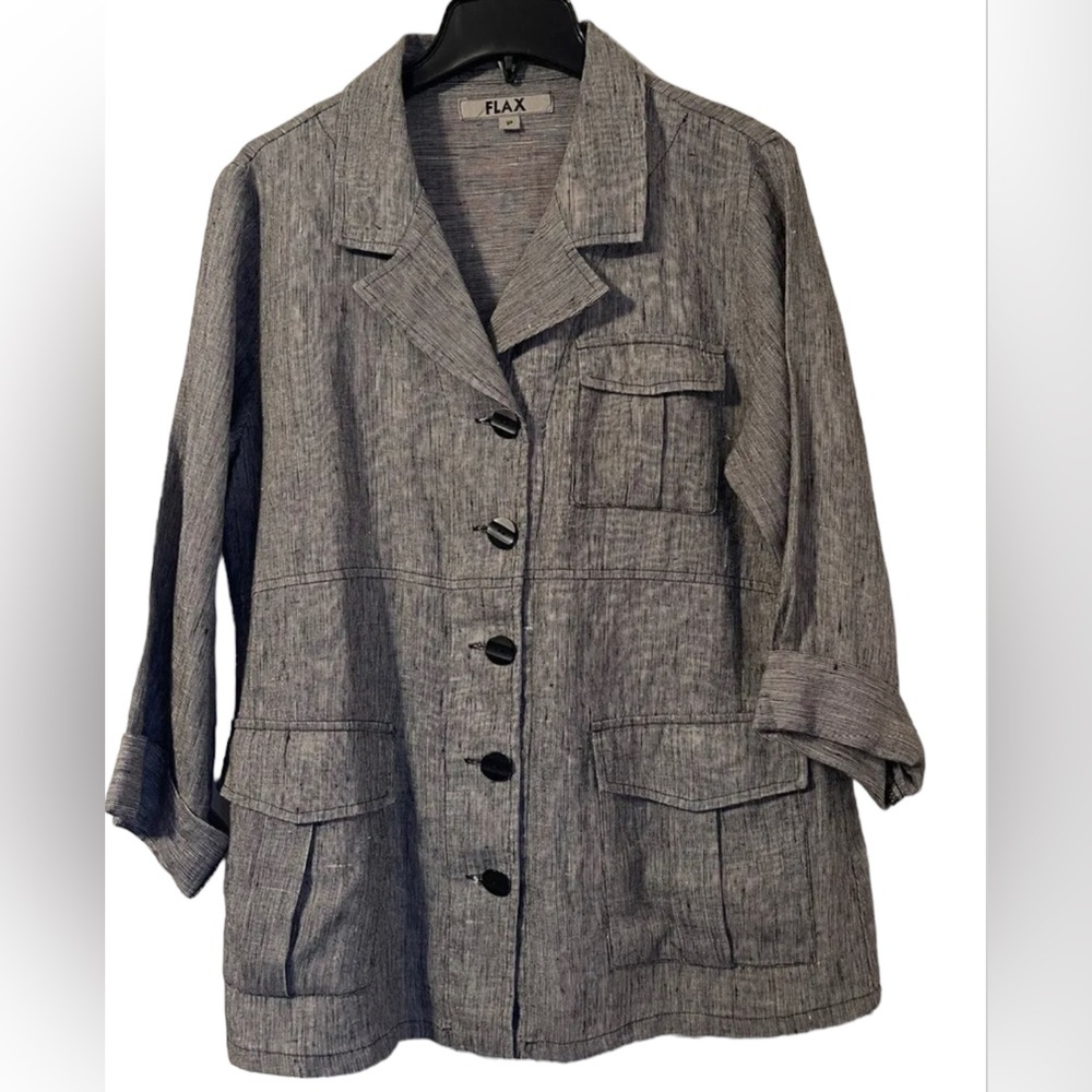 Flax Linen Jacket Button Up Collared Shirt Womens Sz P(4-6) Minimalist lagenlook